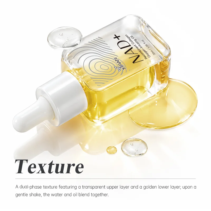 A clear glass dropper bottle partially filled with a dual-phase serum featuring a transparent upper layer and a golden lower layer, with liquid drops and spills around it.